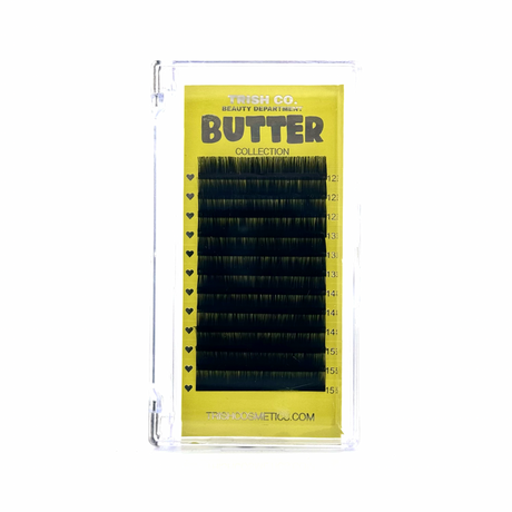 Front view of BUTTER Lash Tray – matte black volume lashes in sleek Trish Co packaging Front view of BUTTER Lash Tray – matte black volume lashes in sleek Trish Co packaging
