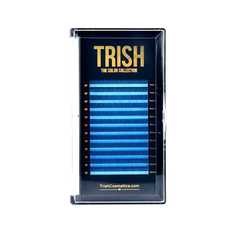 Front view of blue bottom lash tray – J curl .05 mix 7–12mm lengths from Trish Co Front view of blue bottom lash tray – J curl .05 mix 7–12mm lengths from Trish Co