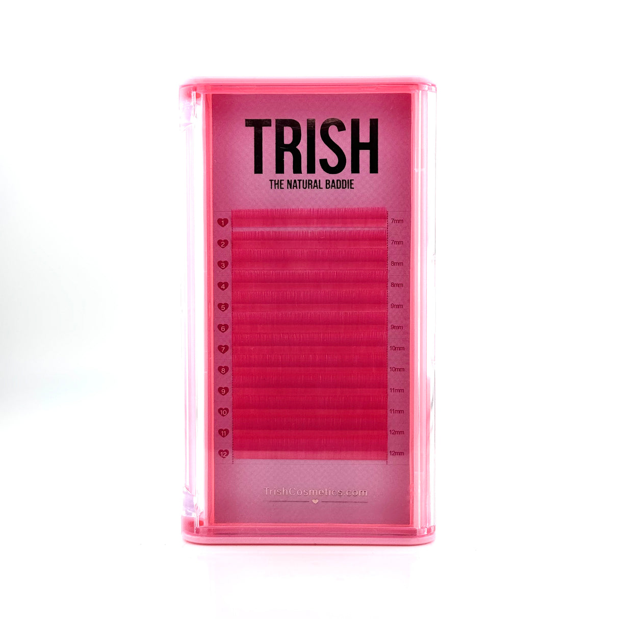 Front view of pink bottom lash tray – J curl .05 in 7–12mm mixed lengths by Trish Co Front view of pink bottom lash tray – J curl .05 in 7–12mm mixed lengths by Trish Co