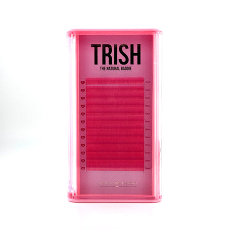 Front view of pink bottom lash tray – J curl .05 in 7–12mm mixed lengths by Trish Co Front view of pink bottom lash tray – J curl .05 in 7–12mm mixed lengths by Trish Co