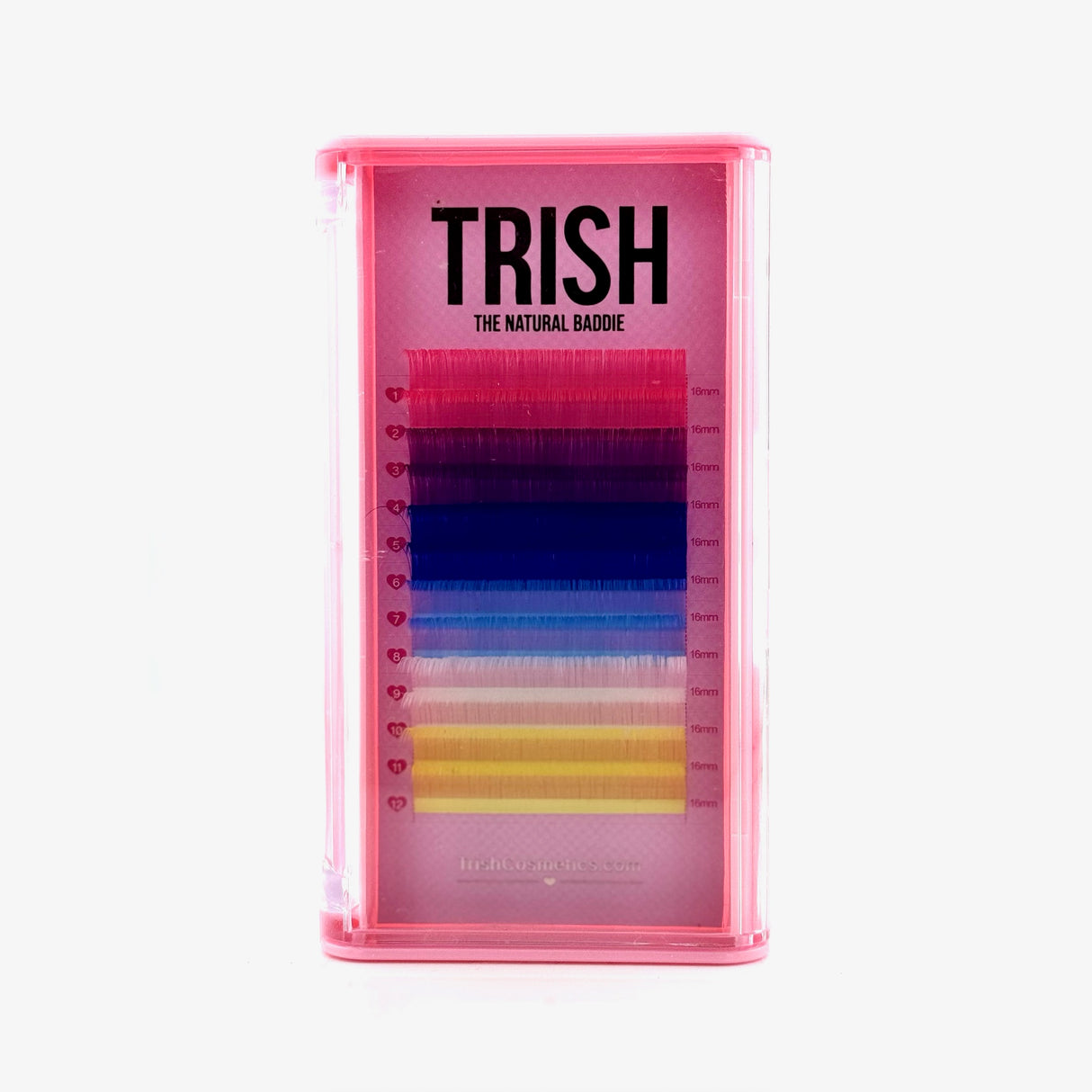 Front view of OG Color Lash Tray with CC curl .05 lashes in white, pink, purple, blue, sky blue, and yellow – 14–18mm lengths Front view of OG Color Lash Tray with CC curl .05 lashes in white, pink, purple, blue, sky blue, and yellow – 14–18mm lengths