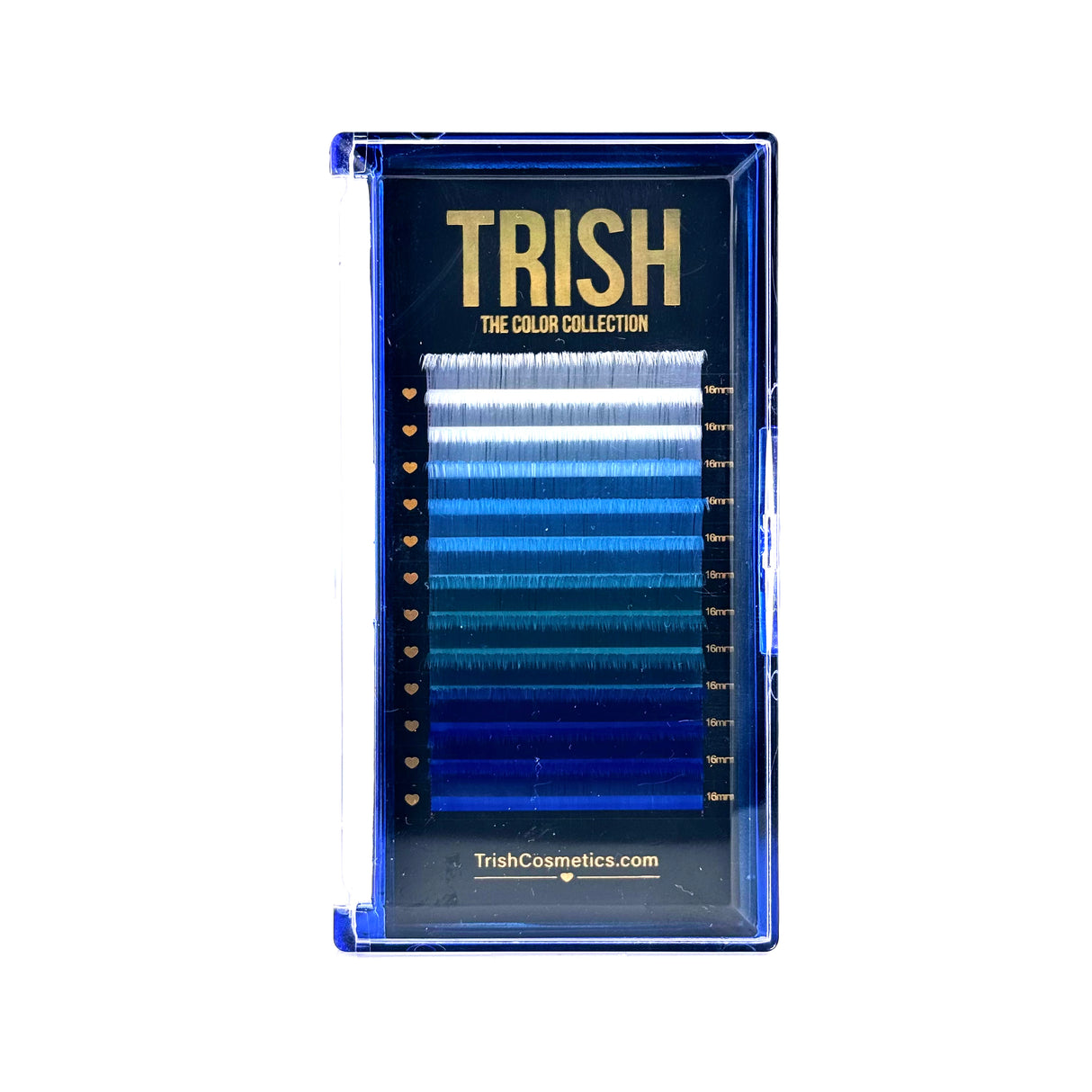 Front view of Blue Series Lash Tray – CC curl .05 in single lengths 14–18mm blue color lashes from Trish Co Front view of Blue Series Lash Tray – CC curl .05 in single lengths 14–18mm blue color lashes from Trish Co