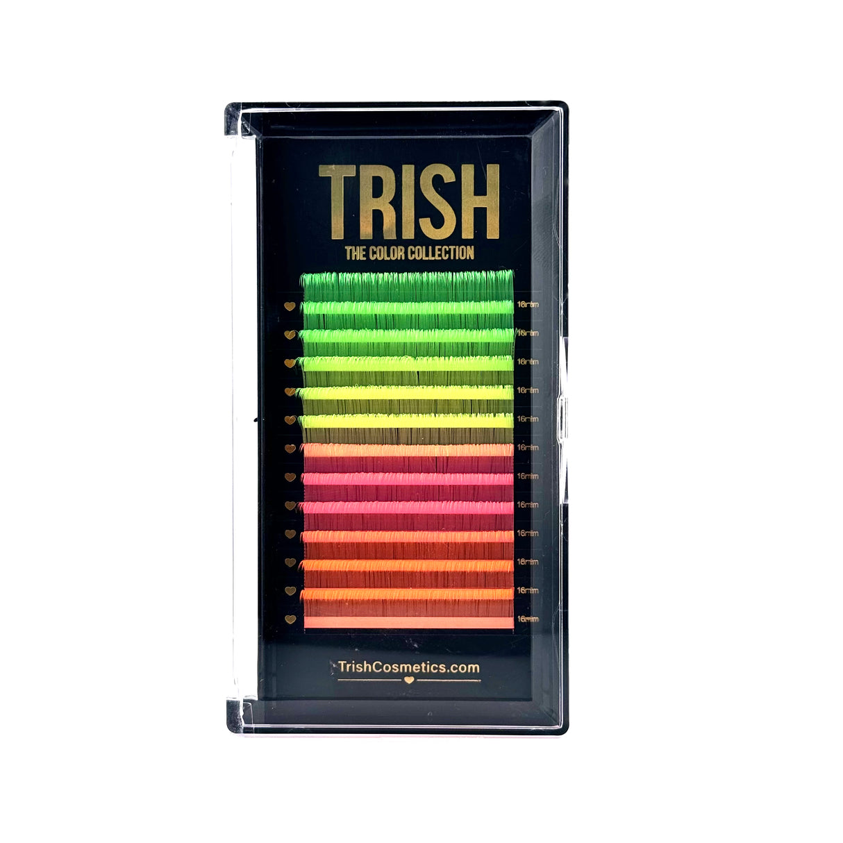 Front view of Neon Color Lash Tray – CC curl .05 lashes in vibrant pink, green, and yellow shades – 14–18mm by Trish Co Front view of Neon Color Lash Tray – CC curl .05 lashes in vibrant pink, green, and yellow shades – 14–18mm by Trish Co