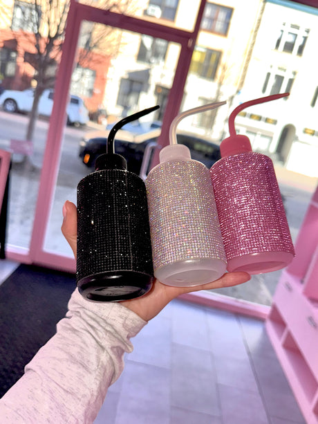 Crystal Squeeze Bottles – trio of glamorous lash rinse bottles in pink, silver, and black for salon use Crystal Squeeze Bottles – trio of glamorous lash rinse bottles in pink, silver, and black for salon use