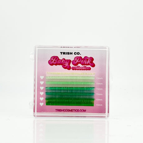 6-row tray of green .05 CC curl lash extensions – Baby Pink Color Collection from Trish Co 6-row tray of green .05 CC curl lash extensions – Baby Pink Color Collection from Trish Co
