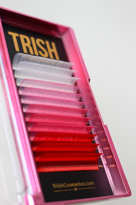Pink Series Lash Tray – 12-row CC curl .05 lashes in white, pink, and red shades, single lengths 14–18mm from Trish Co Pink Series Lash Tray – 12-row CC curl .05 lashes in white, pink, and red shades, single lengths 14–18mm from Trish Co