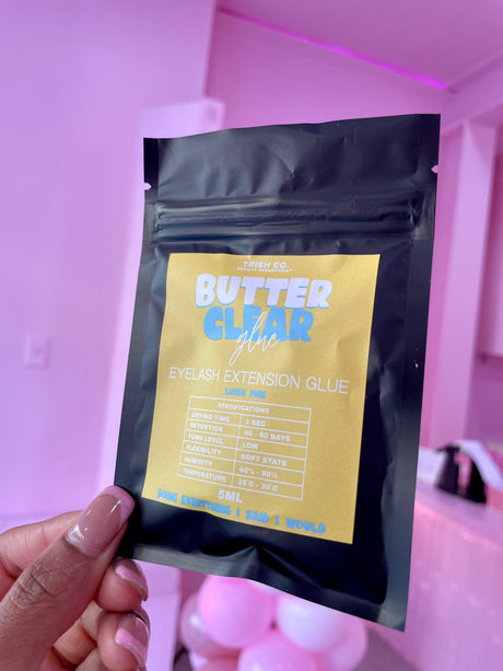 Clear Butter Lash Glue back label – adhesive specs, humidity range, and retention info Clear Butter Lash Glue back label – adhesive specs, humidity range, and retention info