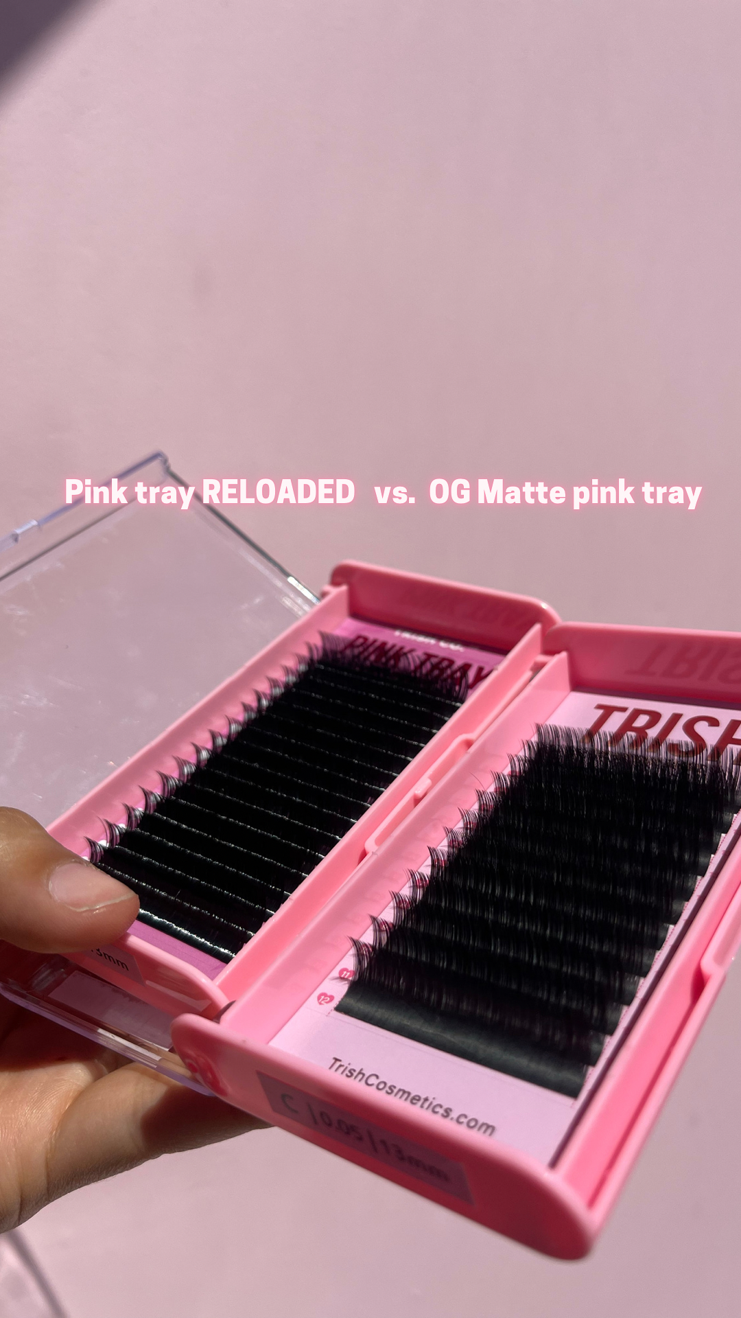 Side-by-side comparison of OG Pink Tray and RELOADED Pink Tray showing packaging and lash design differences Side-by-side comparison of OG Pink Tray and RELOADED Pink Tray showing packaging and lash design differences